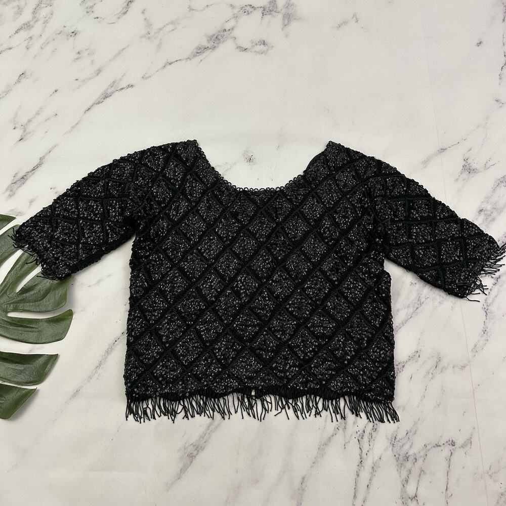 Meredith Womens Vintage 70s Sequin Beaded Crop Top Size 38 L Black Fringe